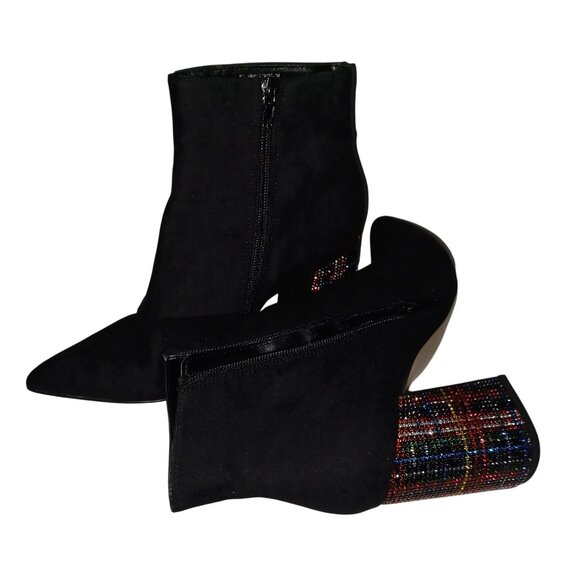 Black Suede Side Zip Pointed Toe Multi Color Rhinestone Block Heel Bootie SZ 7M - Picture 3 of 14